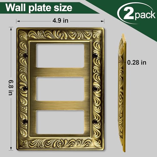 Ranweydi Antique Brass Decorative Wall Plate Light Switch Cover Decorator Outlet Covers Rocker Switch Plates Metal Material Wall Plates for Kitchen Bathroom (3 Gang Triple Decorator-2 Pack) - Image 3