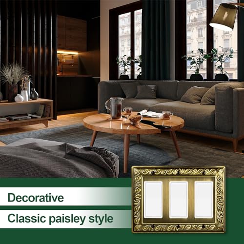 Ranweydi Antique Brass Decorative Wall Plate Light Switch Cover Decorator Outlet Covers Rocker Switch Plates Metal Material Wall Plates for Kitchen Bathroom (3 Gang Triple Decorator-2 Pack) - Image 4