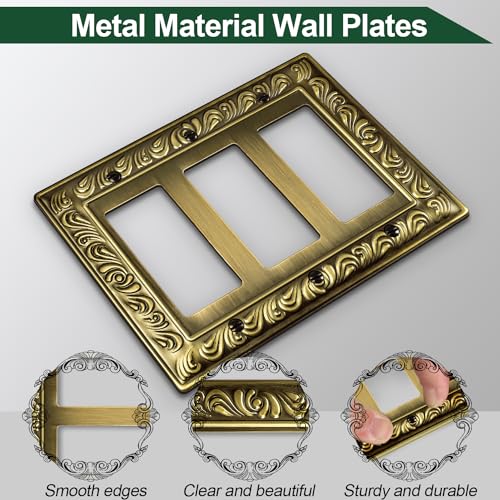 Ranweydi Antique Brass Decorative Wall Plate Light Switch Cover Decorator Outlet Covers Rocker Switch Plates Metal Material Wall Plates for Kitchen Bathroom (3 Gang Triple Decorator-2 Pack) - Image 2