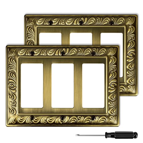 Ranweydi Antique Brass Decorative Wall Plate Light Switch Cover Decorator Outlet Covers Rocker Switch Plates Metal Material Wall Plates for Kitchen Bathroom (3 Gang Triple Decorator-2 Pack) - Image 1