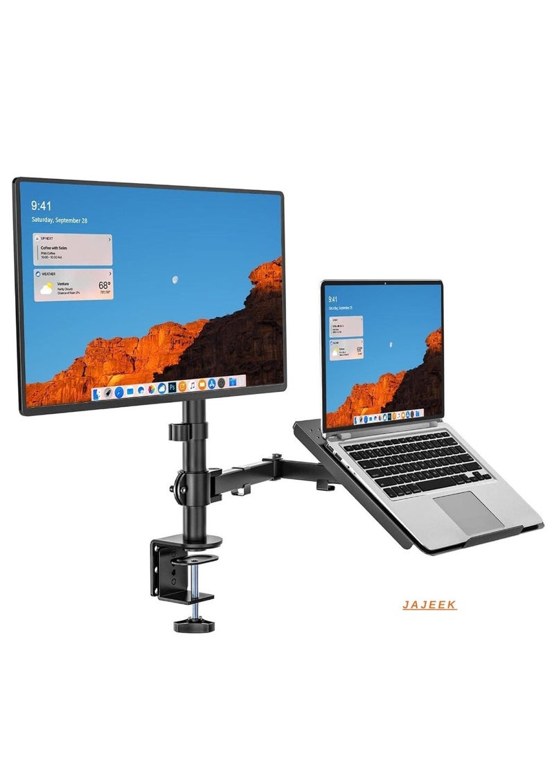 JAJEEK Laptop and Monitor Stand – Fully Adjustable Mount with Laptop Tray for 1 Notebook up to 17 Inches and 1 Screen up to 27 Inches, 22 lbs Capacity (M001LP), Black – Ergonomic, Space-Saving Desk Stand for Work & Gaming - Image 1