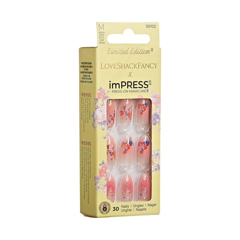 Impress KISS LoveShackFancy x imPRESS Press-On Manicure Limited Edition, Style "Citrus Candy" Medium Almond Pink Press-On Nails, Includes Prep Pad, Mini Nail File, Cuticle Stick, & 30 Fake Nails - Image 2