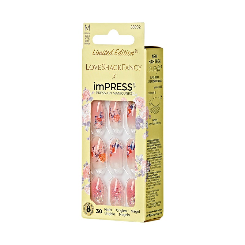 Impress KISS LoveShackFancy x imPRESS Press-On Manicure Limited Edition, Style "Citrus Candy" Medium Almond Pink Press-On Nails, Includes Prep Pad, Mini Nail File, Cuticle Stick, & 30 Fake Nails - Image 3