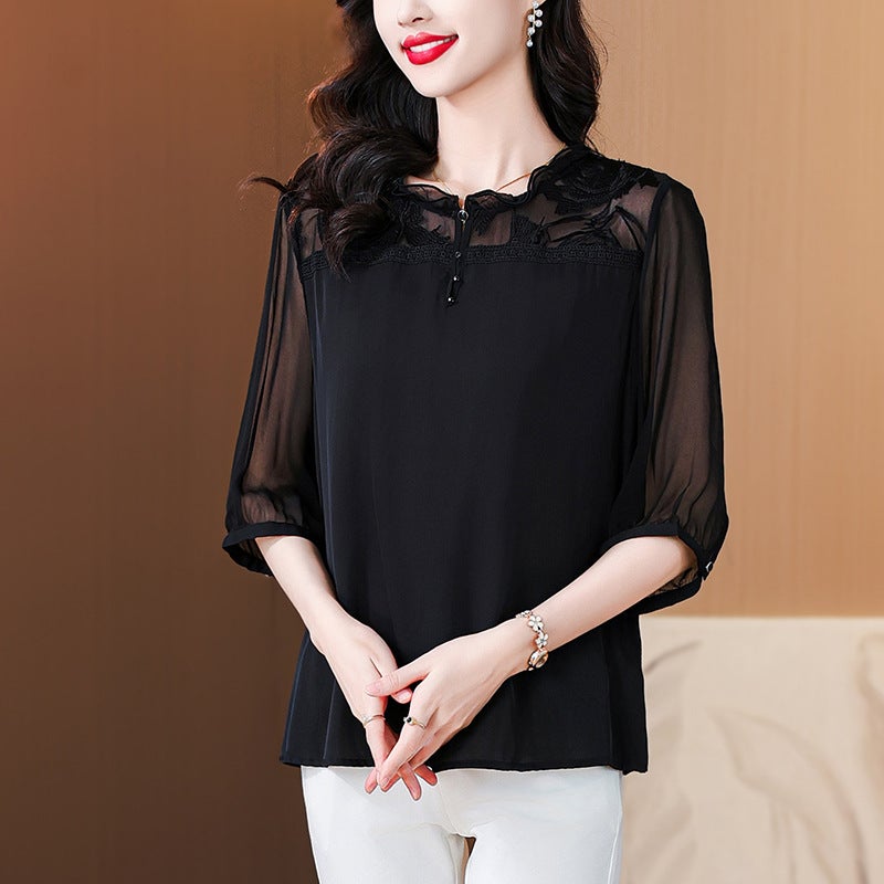 high quality Comfortable Elegant Middle-aged Mother Lace Stitching Silk Shirt Summer Lace Collar Elegant Mulberry Silk Top black