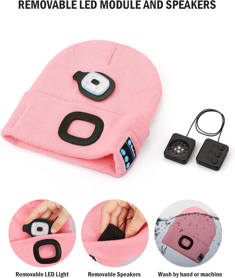 Wmcaps Bluetooth Beanie with a Light, Unisex USB Rechargeable 4 LED Fashlight Hat with Cordless Headphones, Unique Christmas Birthday Gifts for Men Him Husband Teen Pink - Image 2