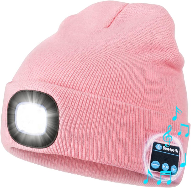 Wmcaps Bluetooth Beanie with a Light, Unisex USB Rechargeable 4 LED Fashlight Hat with Cordless Headphones, Unique Christmas Birthday Gifts for Men Him Husband Teen Pink - Image 1
