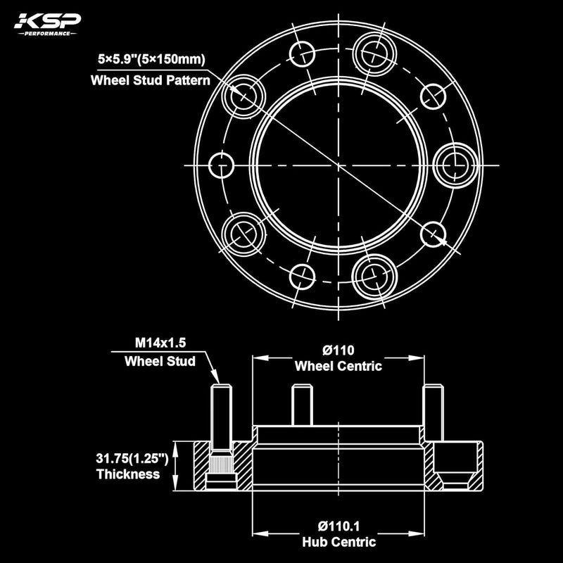 KSP PERFORMANCE KSP 5X150 Spacers Compatible with to-yo-ta Tundra 2007-2021/Sequoia 2008-2021/Land Cruiser 2009-2016, 1.25inch 5 Lug Wheel Spacers for Lexus LX570 2008-2016 with M14x1.5 Studs 110mm Hub Bore, 4 pcs - Image 2