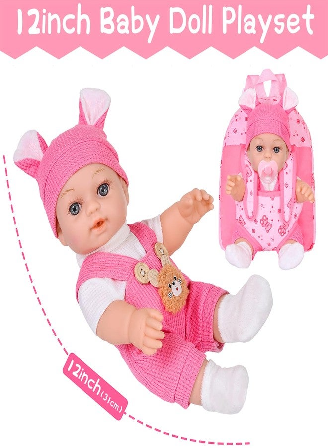 DOTVOSY 12" Baby Doll With Bear Pattern Backpack Carrier In Gift Box,12 Inch Realistic Baby Dolls With Clothes And Accessories Hanky Pacifier Bottle Pretend Baby Care Toy Collection For Child Toddler 3+ Gifts - Image 3