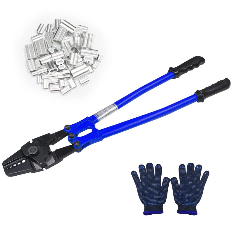 TOUGHER 24 Inch Hand Crimping Cutting Tool, Wire Rope Crimping Tool, Hand Swager Crimper Cutter for 1/16" 3/32" 1/8" 5/32" 3/16" Wires, Hand Swager Tool with 50pc Aluminum Stop Sleeves Oval Sleeves - Image 1