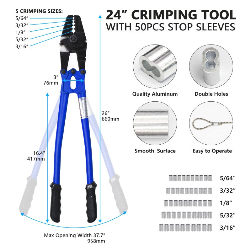 TOUGHER 24 Inch Hand Crimping Cutting Tool, Wire Rope Crimping Tool, Hand Swager Crimper Cutter for 1/16" 3/32" 1/8" 5/32" 3/16" Wires, Hand Swager Tool with 50pc Aluminum Stop Sleeves Oval Sleeves - Image 2