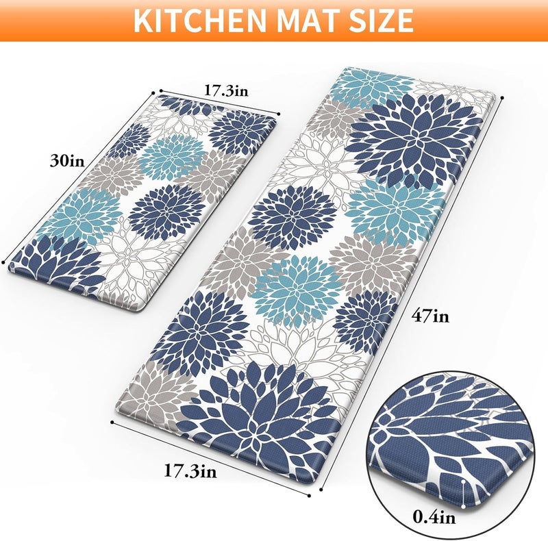 StepLively Kitchen Mats for Floor, Anti Fatigue Mats for Kitchen Floor, Kitchen Decor and Accessories Non Slip Washable Mats Set of 2 for Sink, Office, Laundry, 17.3"×30"+17.3"×47", Blue and White - Image 2