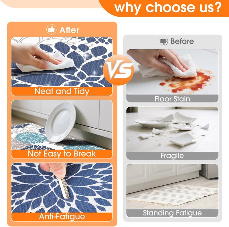 StepLively Kitchen Mats for Floor, Anti Fatigue Mats for Kitchen Floor, Kitchen Decor and Accessories Non Slip Washable Mats Set of 2 for Sink, Office, Laundry, 17.3"×30"+17.3"×47", Blue and White - Image 3