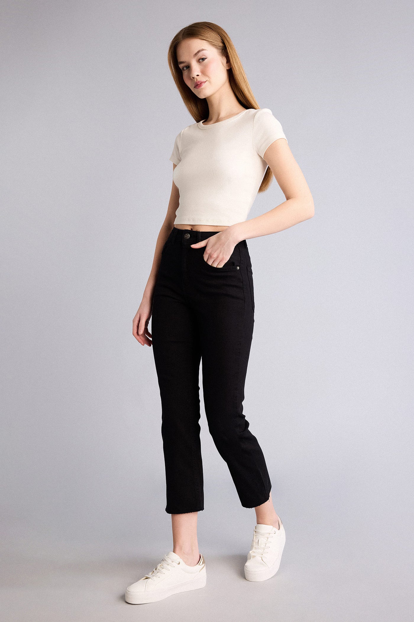 Black Woman Crop Flare Fit Regular Waist Crop Fit Trousers Casual