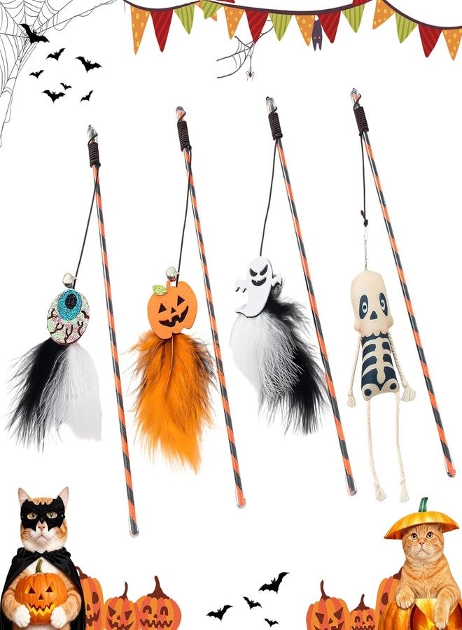 Walfront 4PCS Halloween Cat Toys, Wand Teaser Toys with Bells, Pumpkin, Ghost, Eyeball and Skull, Kitten Interactive Toys, Plush Kitten Plaything Gift Set - Image 1