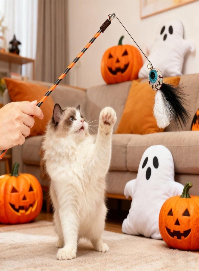 Walfront 4PCS Halloween Cat Toys, Wand Teaser Toys with Bells, Pumpkin, Ghost, Eyeball and Skull, Kitten Interactive Toys, Plush Kitten Plaything Gift Set - Image 2
