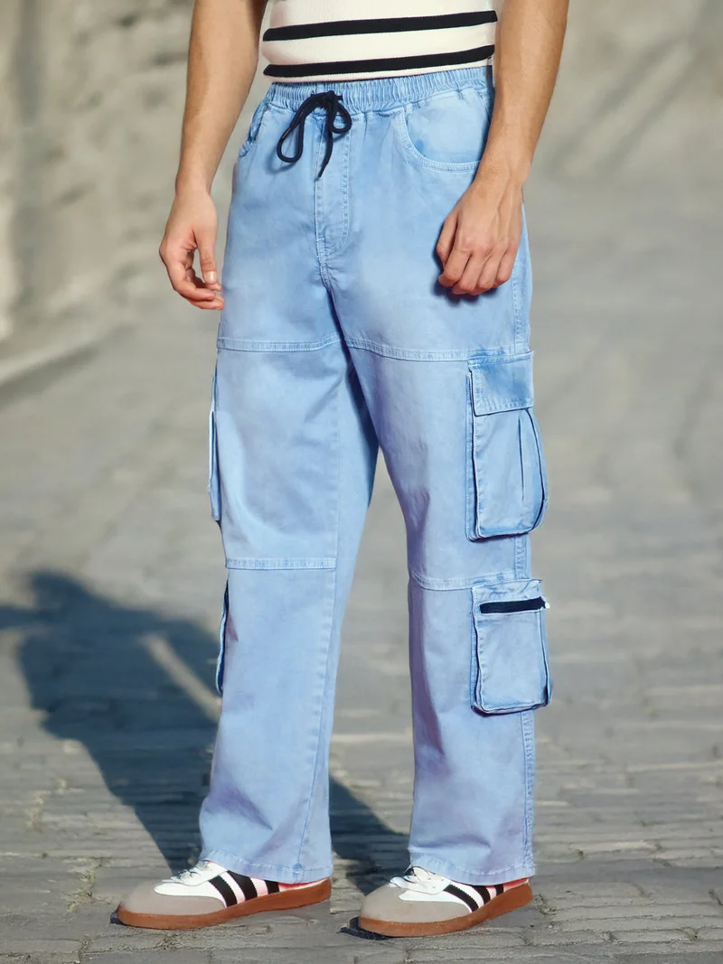 Urbano Fashion Men's Ice Blue Loose Baggy Fit Travel Cargo Jeans with 8 Pockets Stretchable