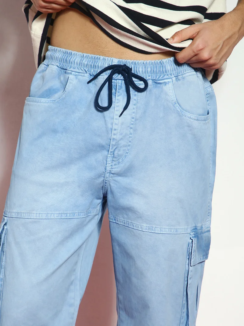Urbano Fashion  Urbano Fashion Men's Ice Blue Loose Baggy Fit Travel Cargo Jeans with 8 Pockets Stretchable for Men | Best Price UAE