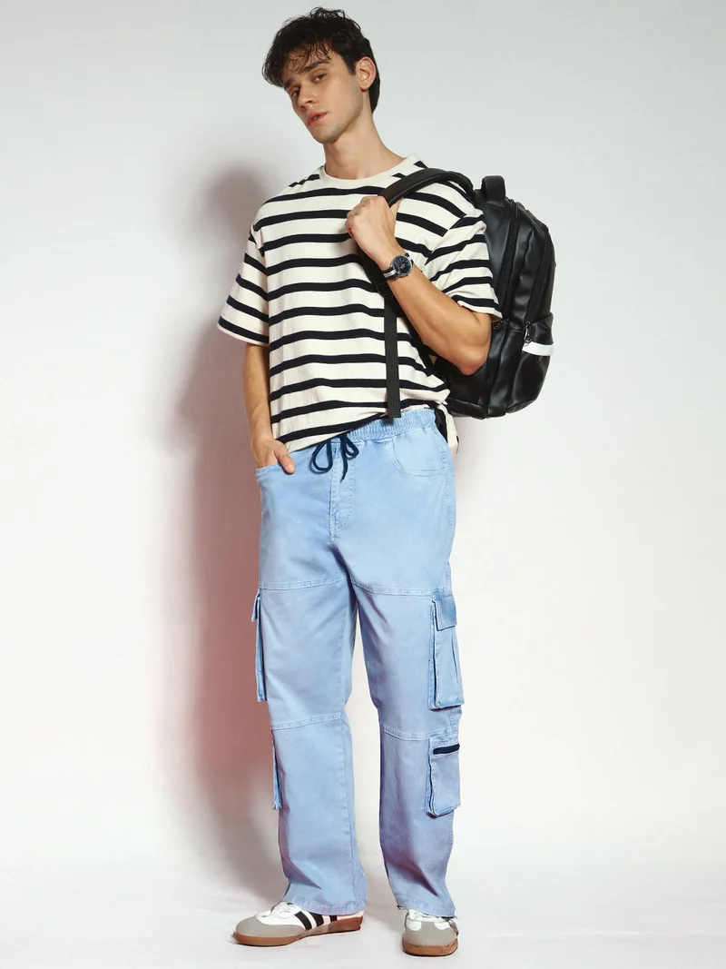 Urbano Fashion  Urbano Fashion Men's Ice Blue Loose Baggy Fit Travel Cargo Jeans with 8 Pockets Stretchable for Men | Best Price UAE