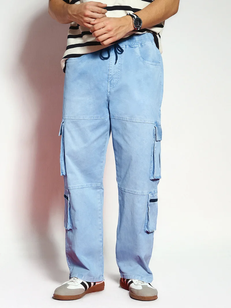 Urbano Fashion  Urbano Fashion Men's Ice Blue Loose Baggy Fit Travel Cargo Jeans with 8 Pockets Stretchable for Men | Best Price UAE
