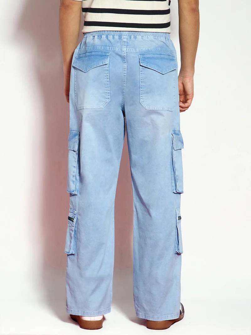 Urbano Fashion  Urbano Fashion Men's Ice Blue Loose Baggy Fit Travel Cargo Jeans with 8 Pockets Stretchable for Men | Best Price UAE