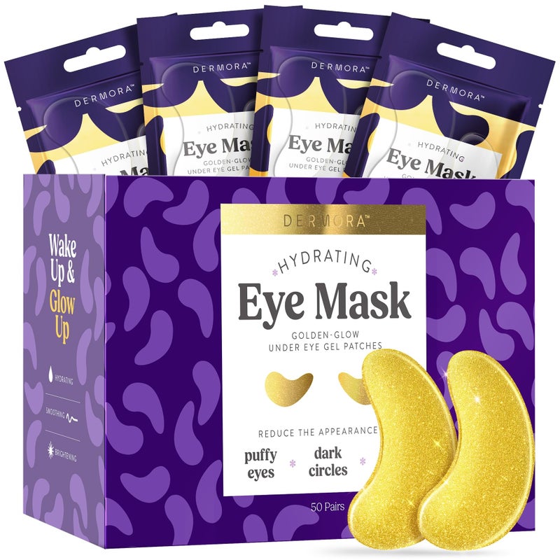DERMORA Golden Glow Under Eye Patches | Rejuvenating Treatment | Dark Circles, Puffy Eyes, Refreshing, Revitalizing, Travel, Wrinkles | 50 Pairs Eye Gels - Image 1
