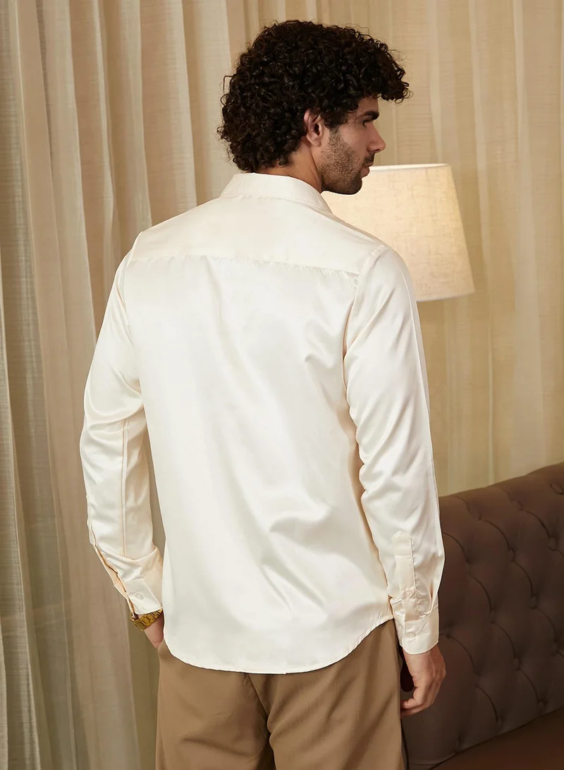 Campus Sutra Men's Cream White Satin Lustre Shirt