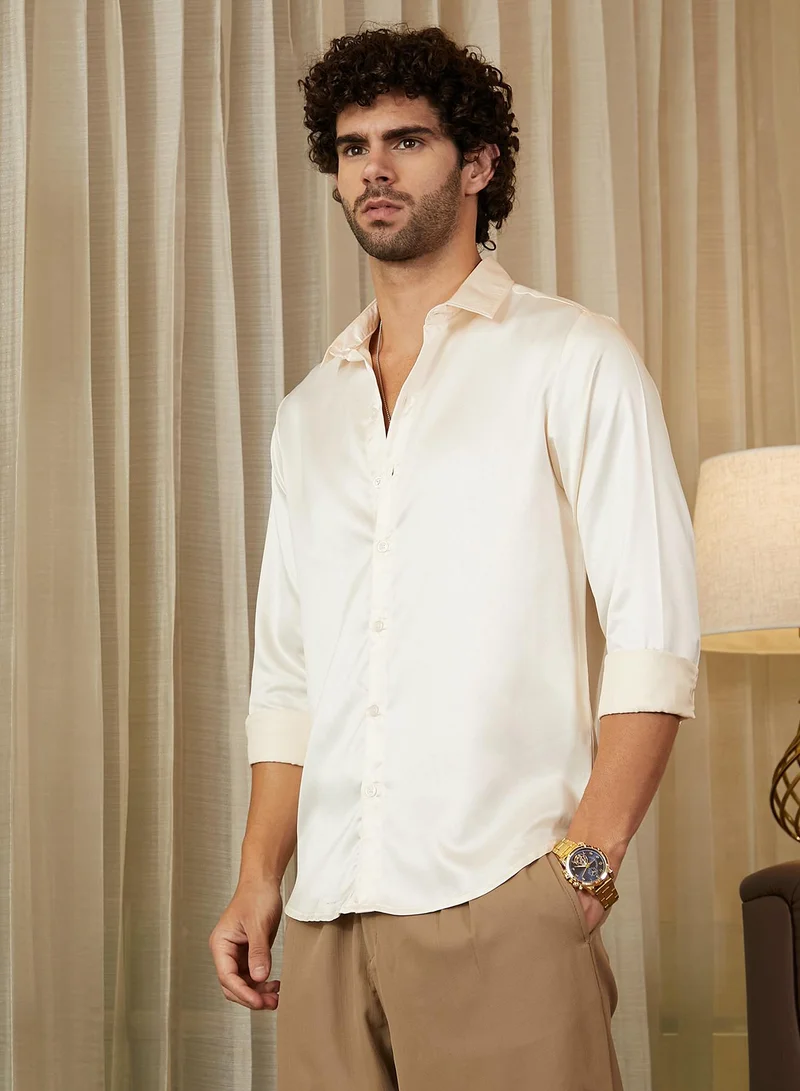 Campus Sutra Men's Cream White Satin Lustre Shirt