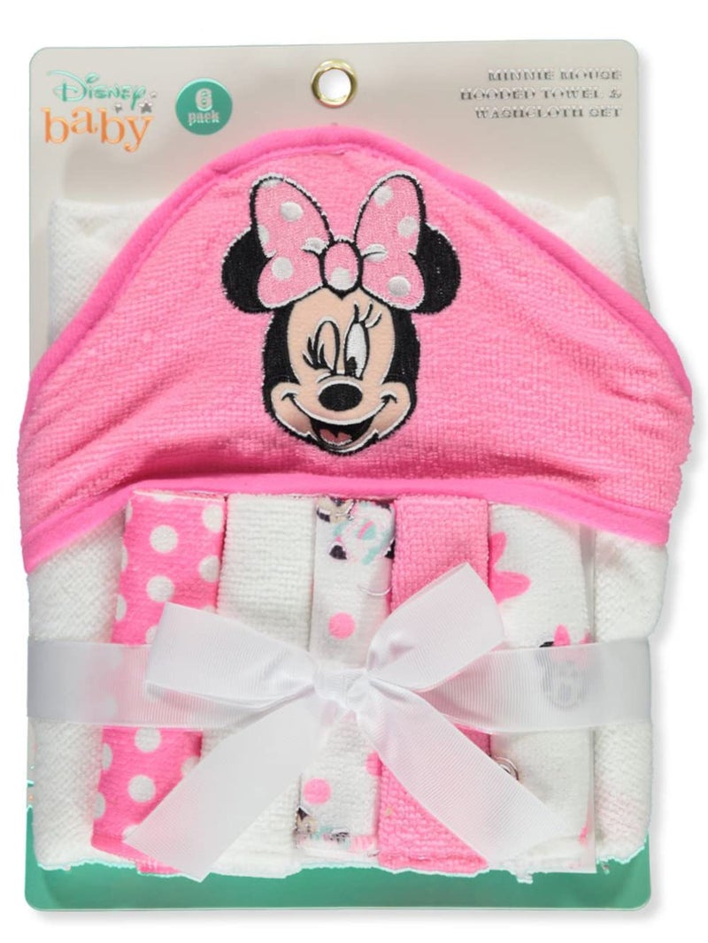 Cudlie Accessories Disney Baby Minnie Mouse Hooded Towel with 5 Piece Washcloth Set Cute Face Print GS71797 Pink One Size
