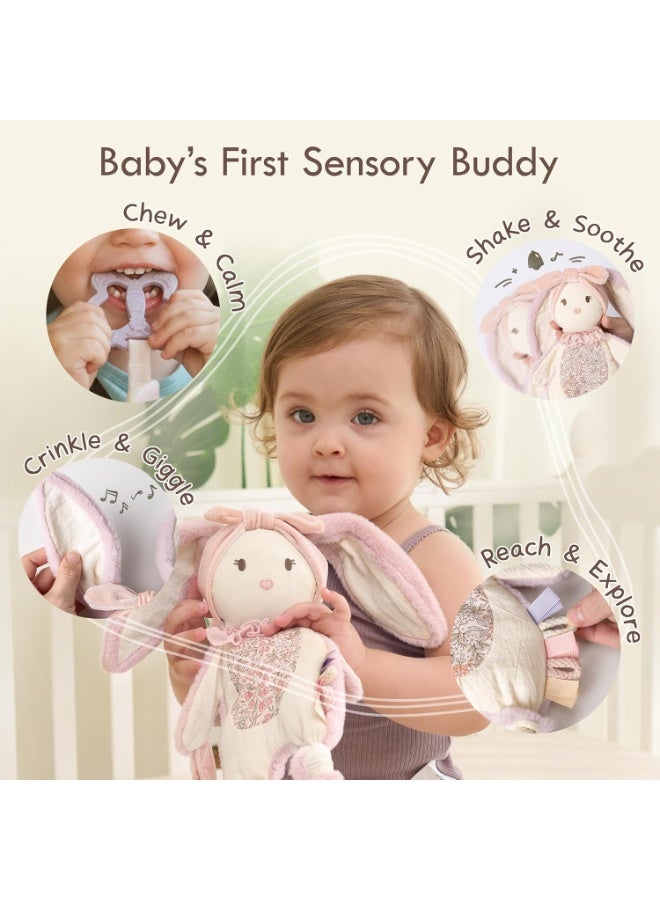 Moonkie Baby Lovey with Silicone Teether, Bunny Security Blanket with Textured Ribbons, Crinkle Toys, Soft Minky Velour & Natural Cotton, Newborn Girl Gift for Baby Shower or Birthday - Image 5