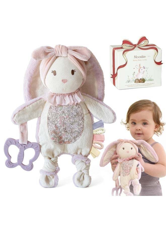 Moonkie Baby Lovey with Silicone Teether, Bunny Security Blanket with Textured Ribbons, Crinkle Toys, Soft Minky Velour & Natural Cotton, Newborn Girl Gift for Baby Shower or Birthday - Image 1