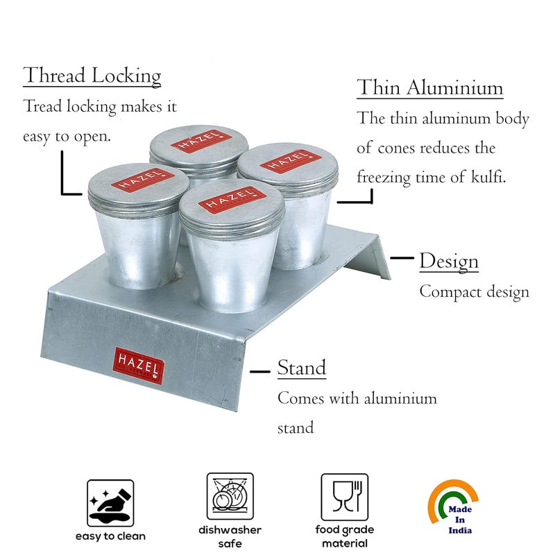 Hazel Kulfi Moulds Set Aluminium | Traditional Ice Cream Medium Mould Set of 4 | Kulfi Moulds Set with Stand | Reusable Ice Cream Maker Popsicle Mould - Image 3