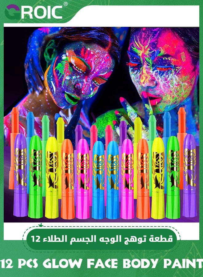 GROIC 12 PCS Glow Face Body Paint, Glow In The Dark Under UV Black Light Sticks Makeup Neon Face Painting Kits for Adult & Kids Festival Accessory Glow Party Supplies - Image 1