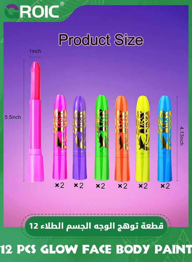 GROIC 12 PCS Glow Face Body Paint, Glow In The Dark Under UV Black Light Sticks Makeup Neon Face Painting Kits for Adult & Kids Festival Accessory Glow Party Supplies - Image 2