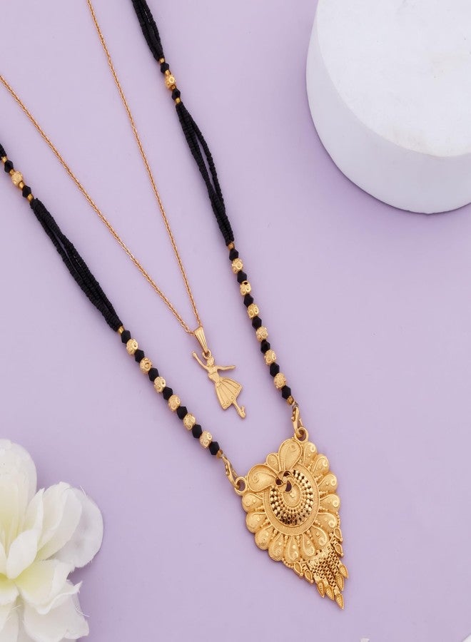 MALKYN Women's Gold Plated Peacock Motif Mangalsutra and Ballerina Pendant Layered Necklace Set, Traditional Indian Black Beaded Jewelry for Wedding and Festive Outfit-MD-141 - Image 2