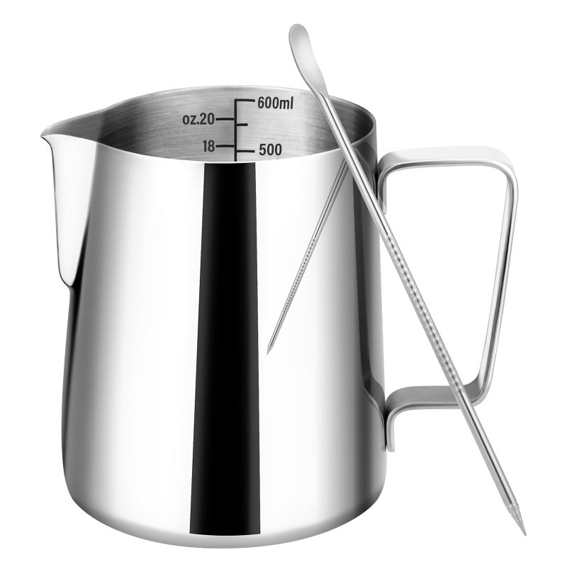 Amrules Milk Frothing Pitcher, 20oz Milk Frother Cup with Clear Scale, 304 Stainless Steel Cappuccino Espresso Machine Accessories for Barista Coffee Bar with Latte Art Pen, Silver - Image 1