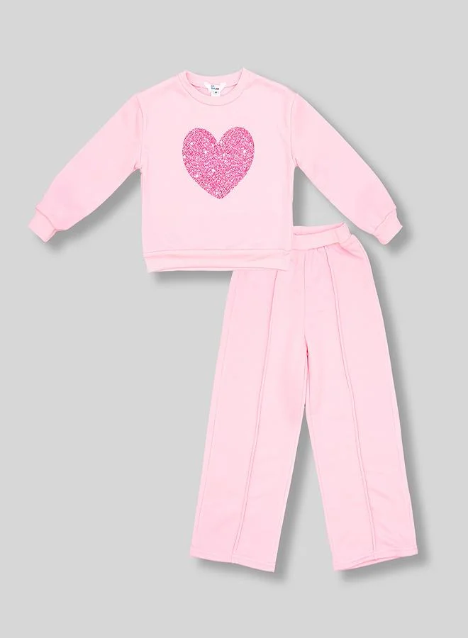babyqlo Pink Glitter Heart Tracksuit For Girls