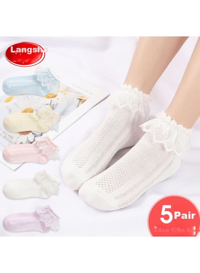 LANG SHA Langsha Children's Socks Girls Summer Thin Lace Edge Dance Socks Cute Versatile Princess Socks White 5 Pairs Foot Length 20-22cm Age 7-9 Size 30-35 - Image 1