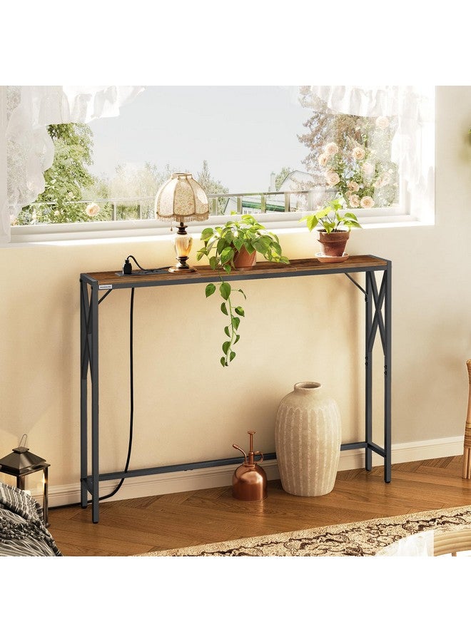 MAHANCRIS طاولة صوفا MAHANCRIS مع محطة شحن، طاولة كونسول ضيقة 39.4 بوصة لمدخل المنزل، طاولة أريكة رفيعة للممر، للمدخل، الردهة، غرفة المعيشة، الممر، بني ريفي CTHR151E01 - Image 3