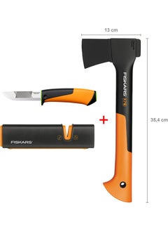 Fiskars Chopping Axe Xs-X7 + Heavy Duty Knife with Sharpener + Axe and Knife Sharpener 