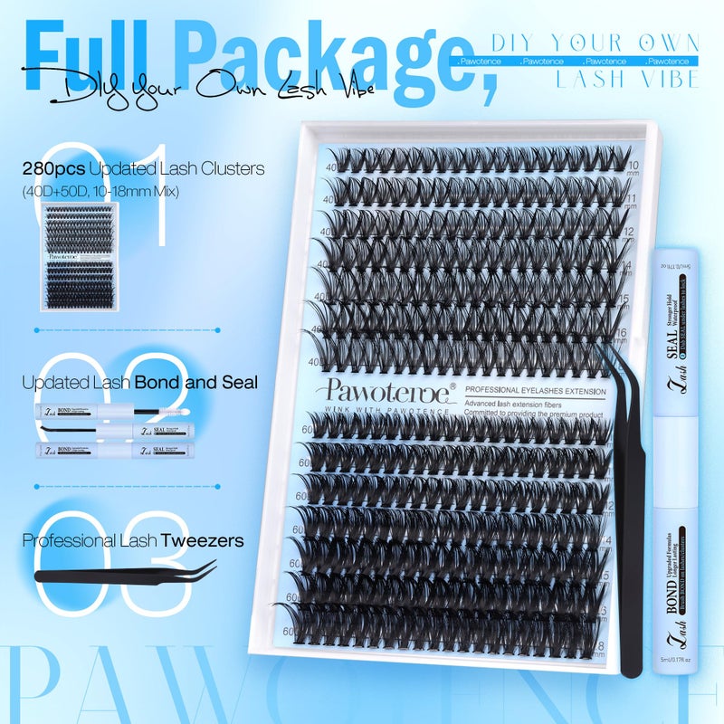 Pawotence Lash Clusters Kit 40D 60D Lash Extension Kit 10-18mm Cluster Eyelash Extension Kit Individual Lashes 280pcs Eyelash Clusters with Lash Bond and Seal, Lash Tweezers for Self Use - Image 2