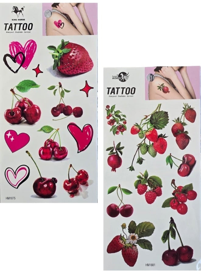 عبوة من قطعتين من تاتو مؤقت مقاوم للماء بتصميم كرز واقعي للنساء، عبارات إنجليزية أنيقة وزهور مع فيونكة وعناصر المشمش، ملصقات تاتو لاصقة سهلة الاستخدام، مثالية لمكياج مرح، الحفلات، المناسبات، والهدايا الموسمية - Image 1