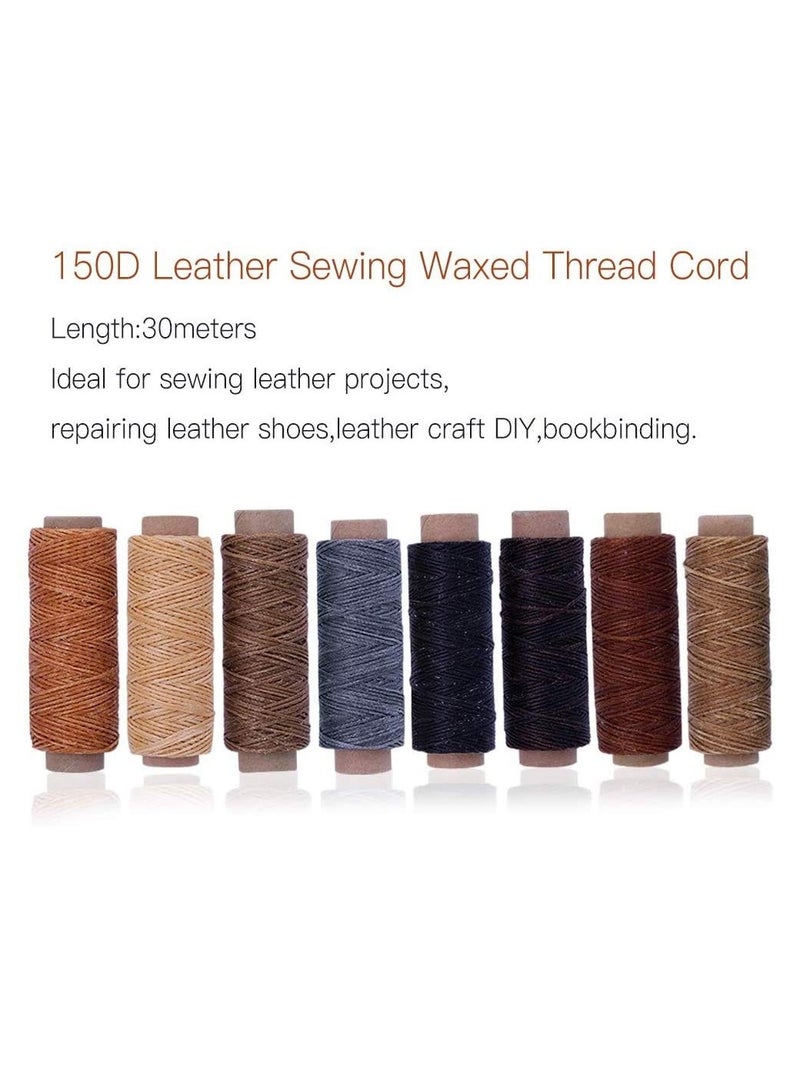 33Pcs Leather Waxed Thread 1mm, 264 Yards 150D Waxed Thread Cord for Leather, DIY Leather Craft Tools Kit with Hand Sewing Needles, Drilling Awl, Thimble, Soft Tape Measure - Image 3