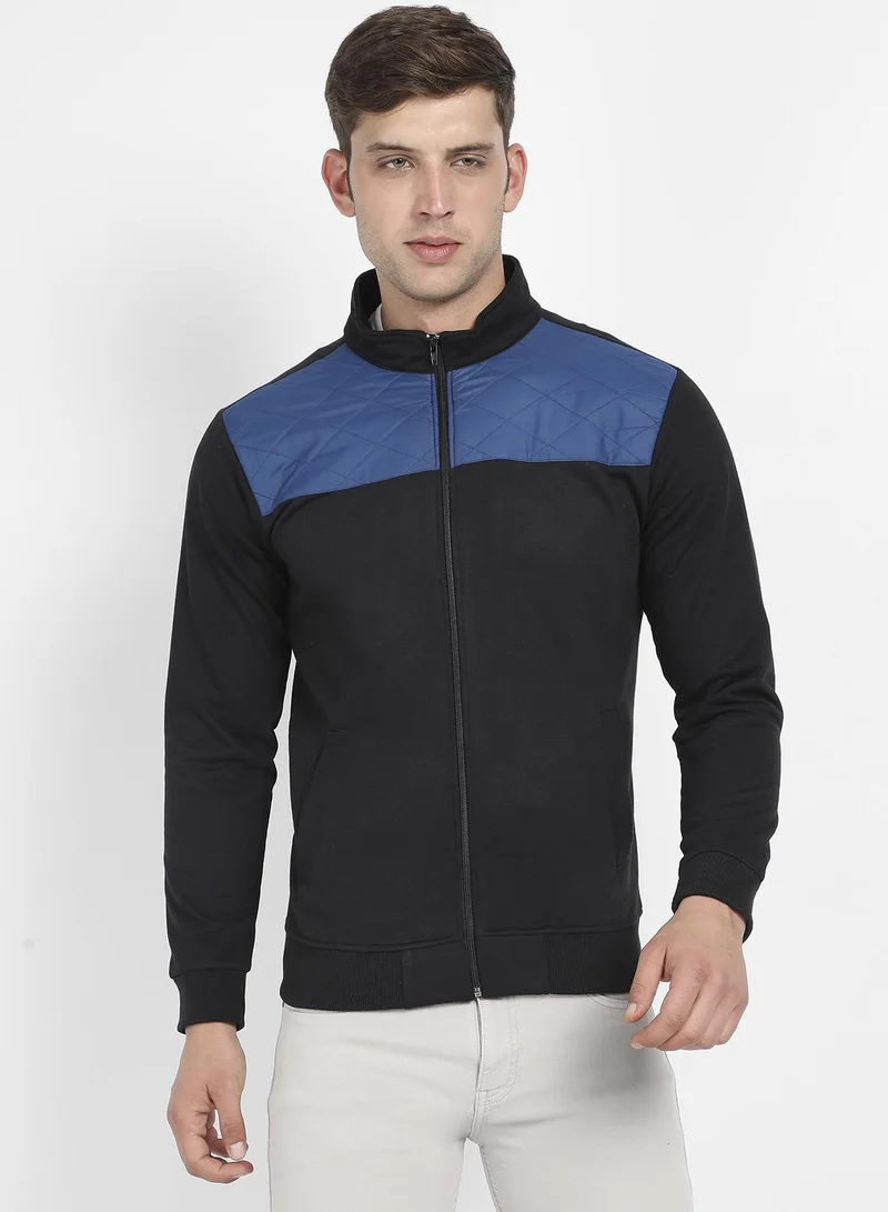 Campus Sutra Men's Black & Blue Zip-Front Jacket With Contrast Detail