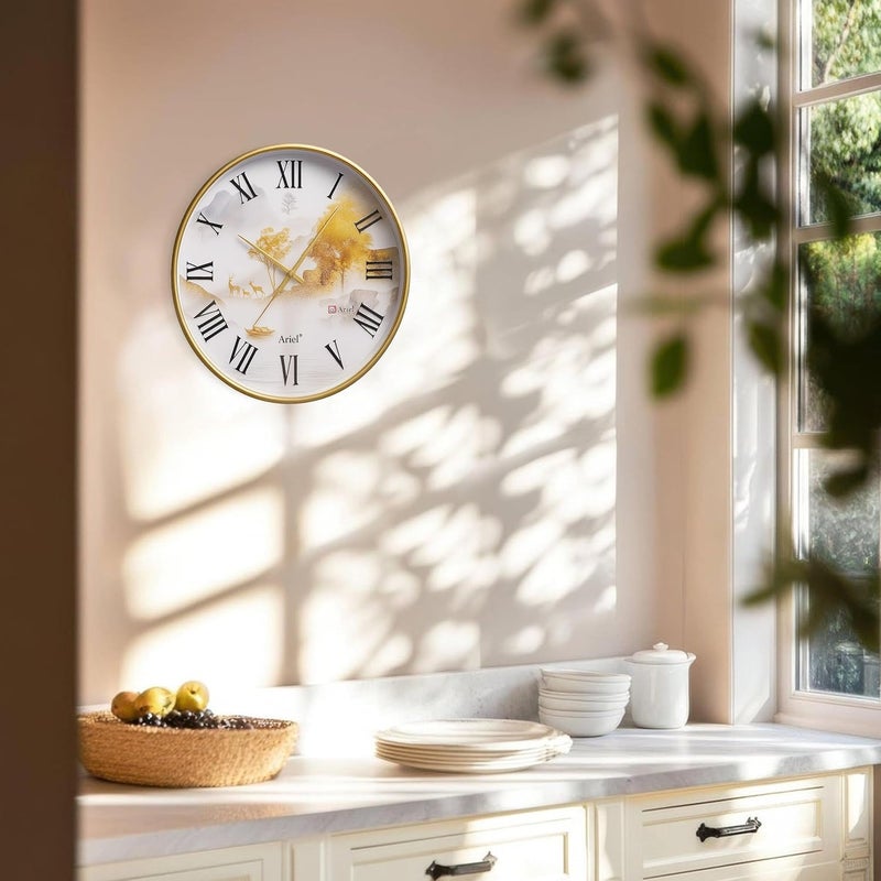 Ariel ساعة حائط أرييل الكوارتز مع أرقام رومانية | إطار ذهبي كلاسيكي | حركة هادئة | ساعة حائط زخرفية للمنزل والمكتب - Image 5