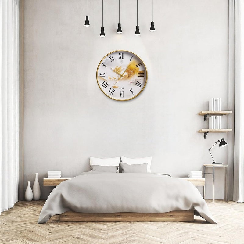 Ariel ساعة حائط أرييل الكوارتز مع أرقام رومانية | إطار ذهبي كلاسيكي | حركة هادئة | ساعة حائط زخرفية للمنزل والمكتب - Image 3