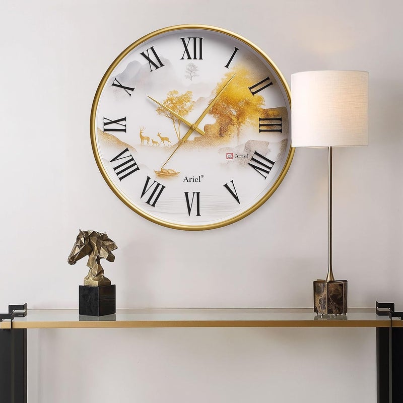 Ariel ساعة حائط أرييل الكوارتز مع أرقام رومانية | إطار ذهبي كلاسيكي | حركة هادئة | ساعة حائط زخرفية للمنزل والمكتب - Image 2