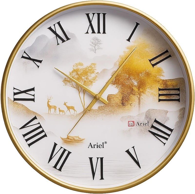 Ariel ساعة حائط أرييل الكوارتز مع أرقام رومانية | إطار ذهبي كلاسيكي | حركة هادئة | ساعة حائط زخرفية للمنزل والمكتب - Image 1