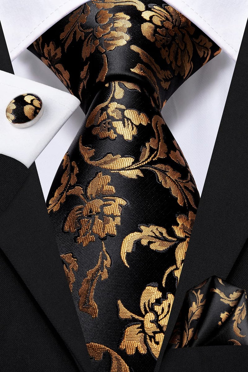 Dubulle Mens Tie Set Solid Paisley Silk Striped Necktie for Men with Cufflinks Tie and Pocket Square,Black Gold Orange - Image 4