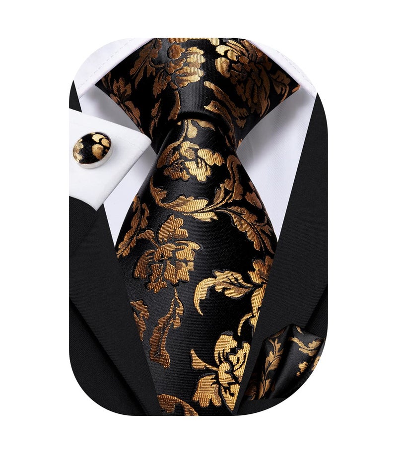 Dubulle Mens Tie Set Solid Paisley Silk Striped Necktie for Men with Cufflinks Tie and Pocket Square,Black Gold Orange - Image 5