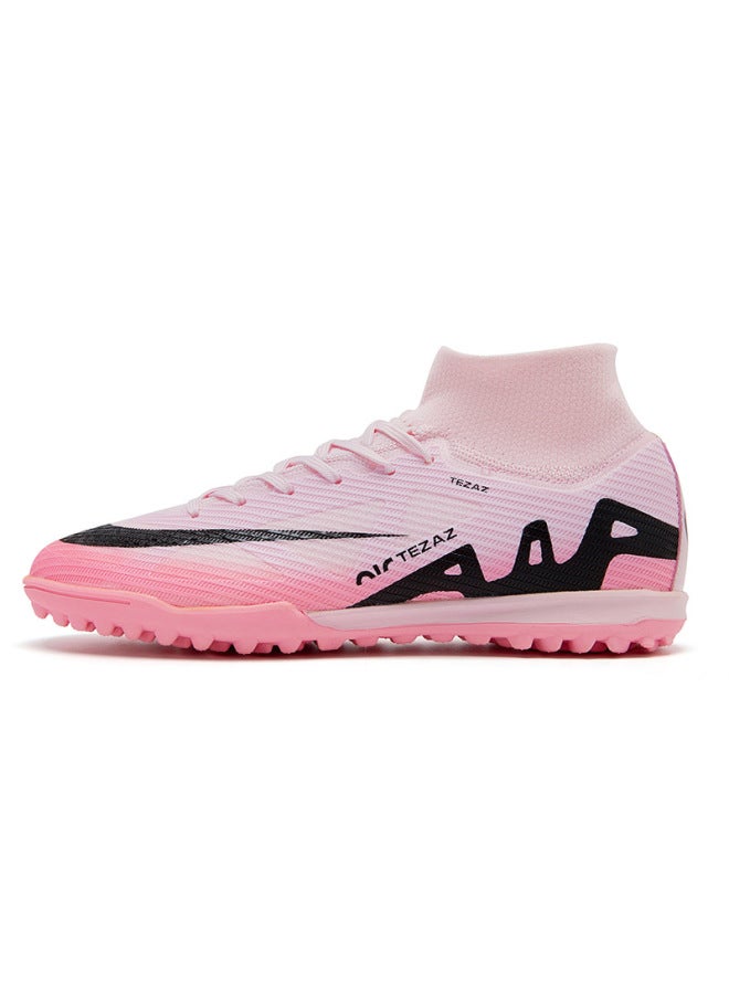 Ronaldo Assassin 15 High-top Football Shoes Broken Nails for Boys, Girls, Students, and Adults - Artificial Grass Anti-skid Competition Training, Peach Pink
